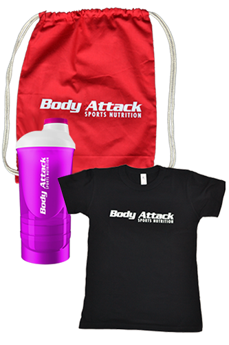 Body Attack T-Shirt schwarz + Shaker + Gym Bag Paket - Women
