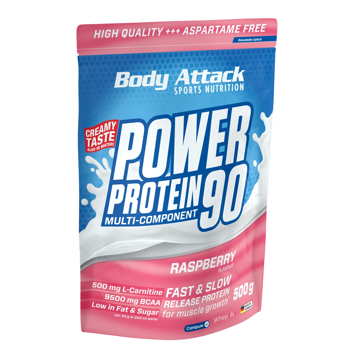 Body Attack - Power Protein 90 - Raspberry - 500 g - Fettarmes + zuckerfreies 5K-Protein mit L-Carnitin + BCAAs