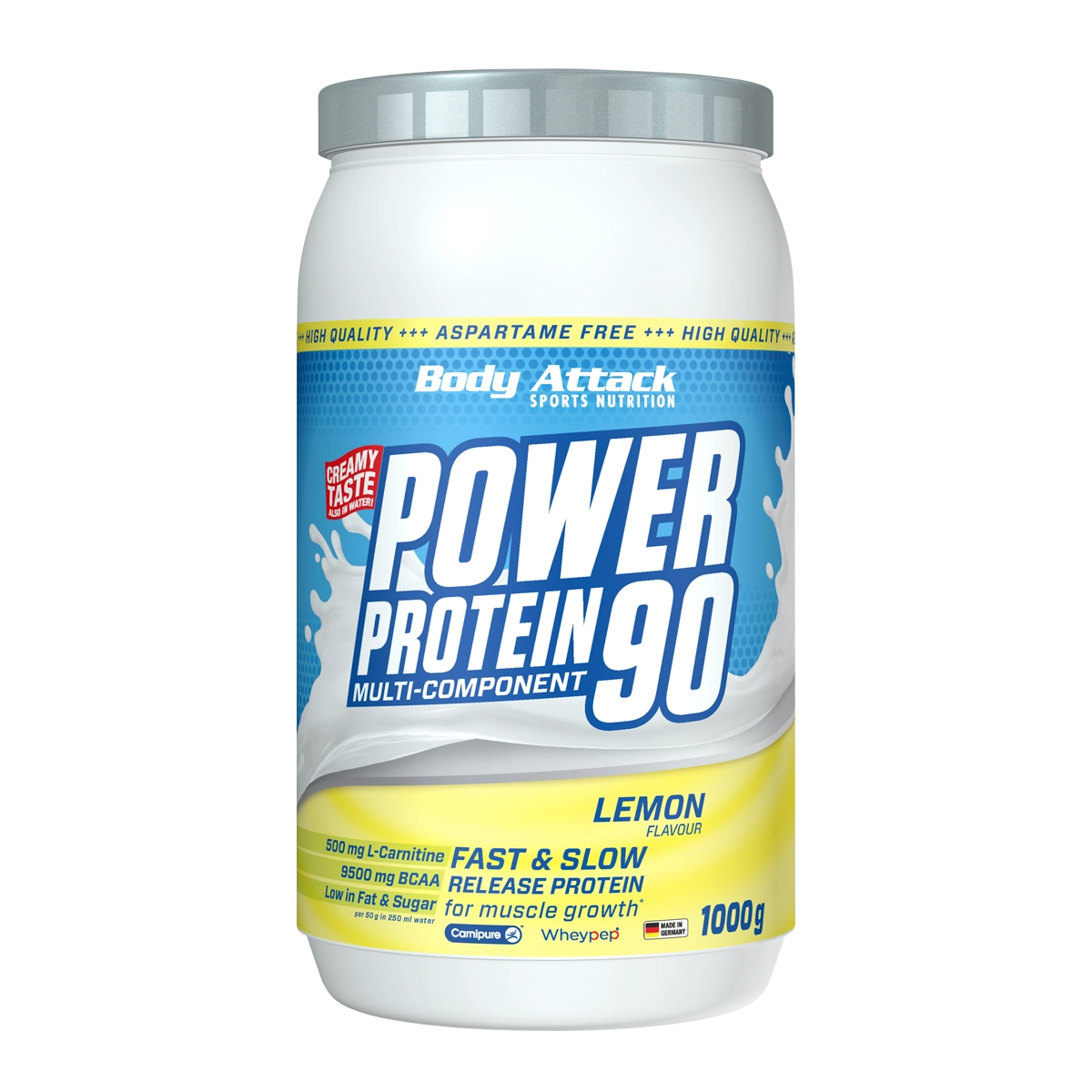 Body Attack - Power Protein 90 - Lemon - 1000 g - Fettarmes + zuckerfreies 5K-Protein mit L-Carnitin + BCAAs
