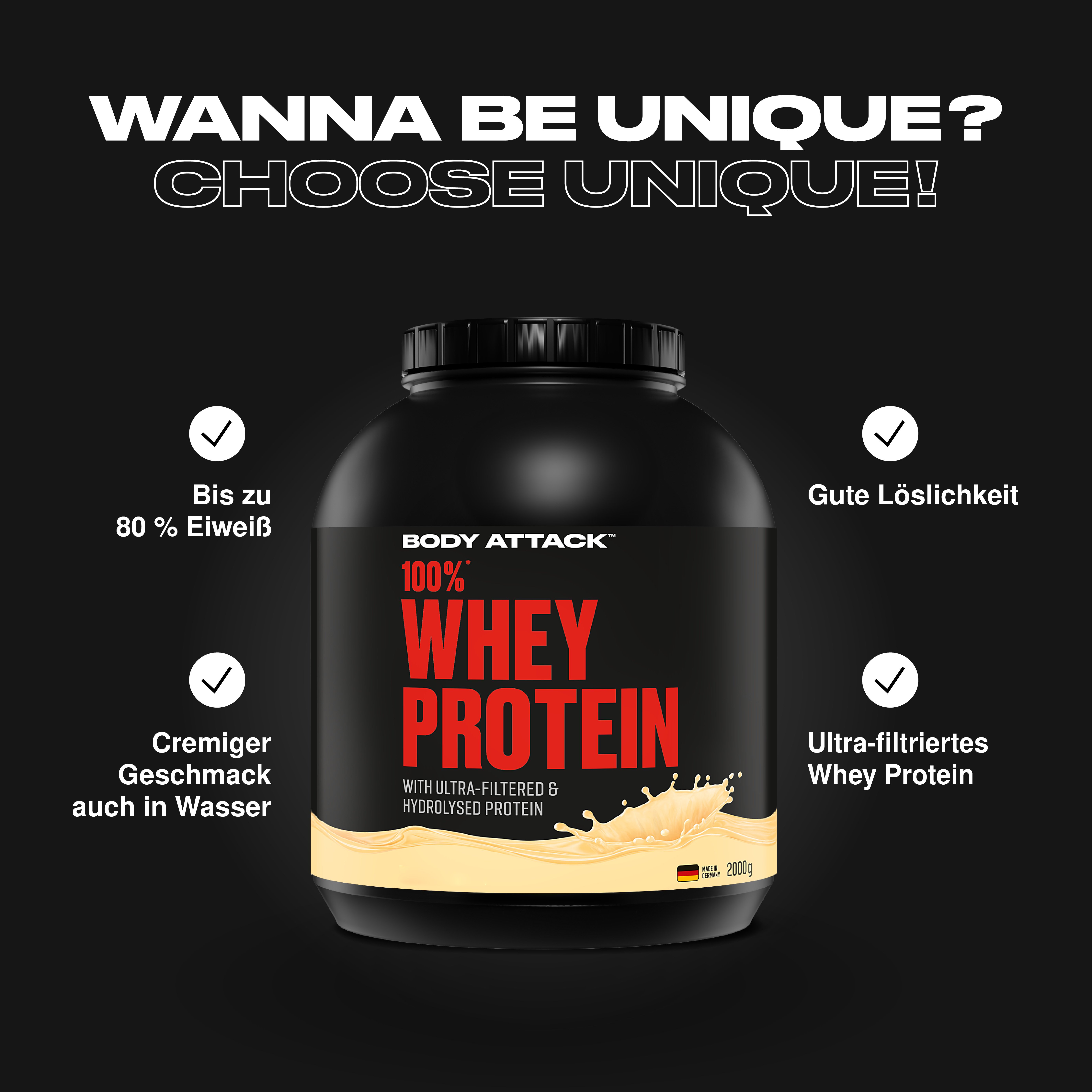 Body Attack 100% Whey Protein Informationsgrafik